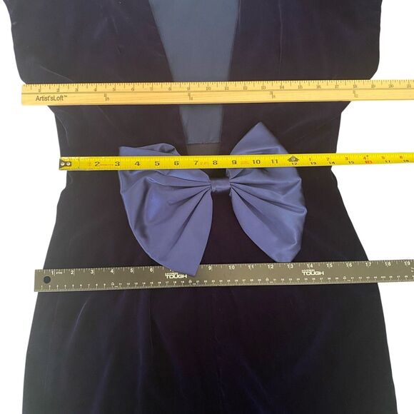Ann Taylor Dress Vintage 80s Backless Plunge Blue Velvet Sheath Bow Made USA 8 - Picture 9 of 12